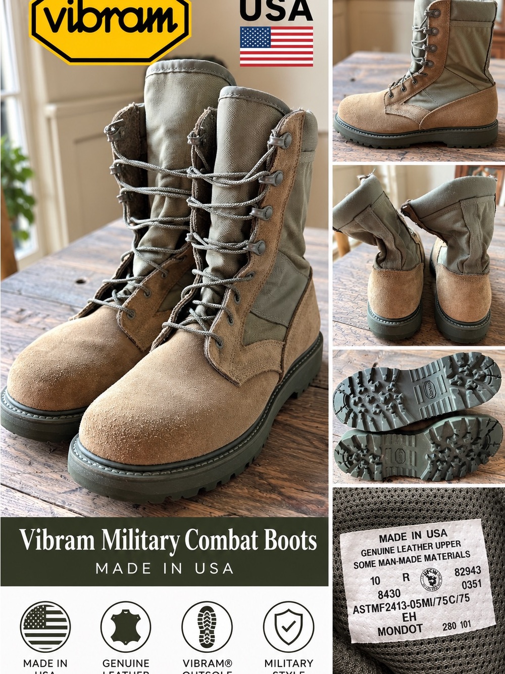 US Military Combat Boots Size 10R Made in USA Vibram Sole Leather Tan Olive 8430